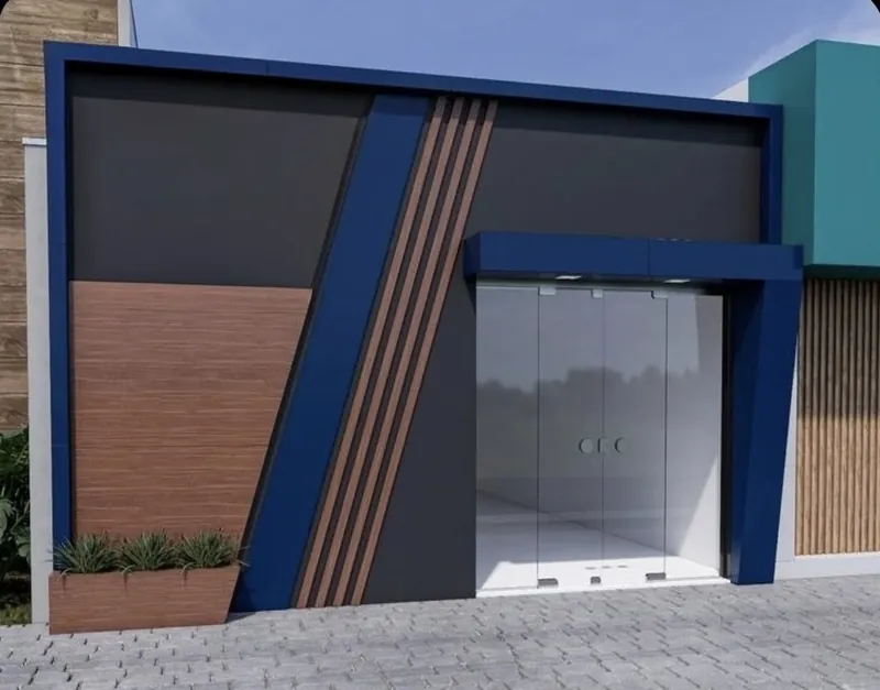 Fachada comercial em ACM azul, cinza e amadeirado